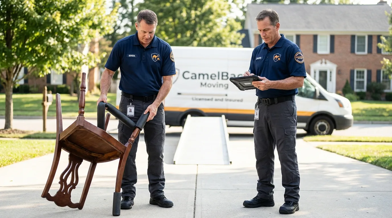 Movers inspecting furniture for damage prevention before loading in West Long Branch, NJ