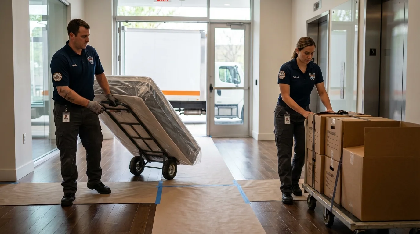 Professional apartment movers loading elevator in West Long Branch, NJ