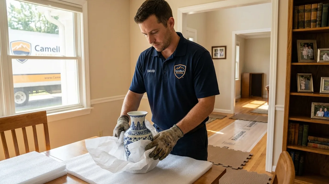 Professional crew carefully wrapping antique vase for senior downsizing move in West Long Branch, NJ